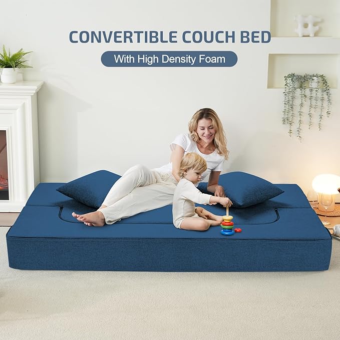 2-in-1 Folding Sofa Bed with Pillows - Folding Chair Floor Couch & Sleeping Mattress - Washable Cover & Memory Foam Sleeper Chair for Living Room/Guest Room/Apartment/Loft, Navy Blue, Twin