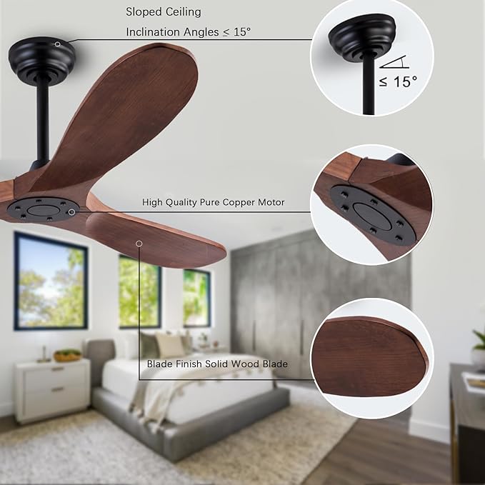 42" Wood Ceiling Fan No Lights with Remote Control, Wooden 3 Blades Ceiling Fans Without Light for Patio,Garage,Living Room,Bedroom,Office,Indoor/Outdoor(Black+Dark Walnut)