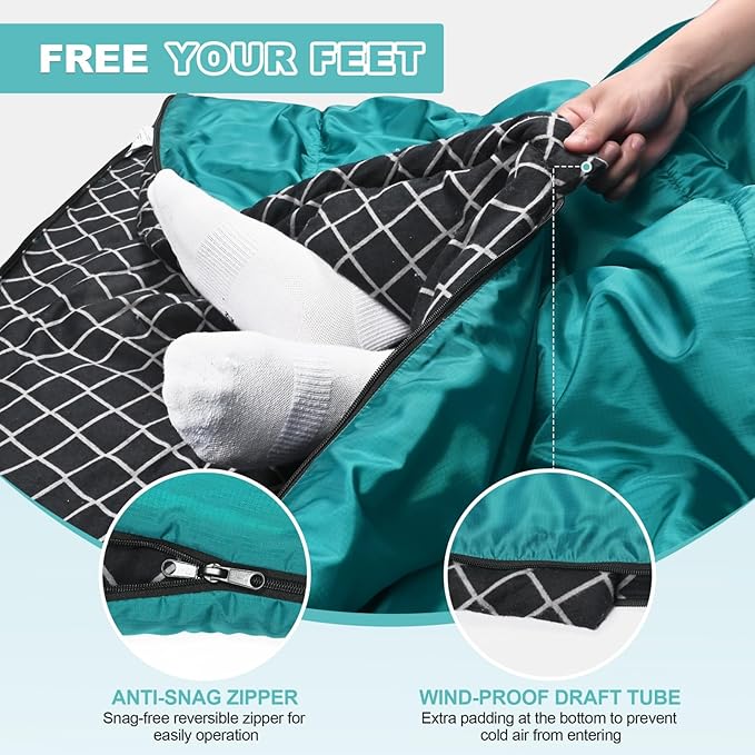 AGEMORE Cotton Flannel Double Sleeping Bag for Camping, Backpacking Or Hiking. Queen Size 2 Person Waterproof Sleeping Bag for Adults Or Teens. Lightweight with Compression Sack