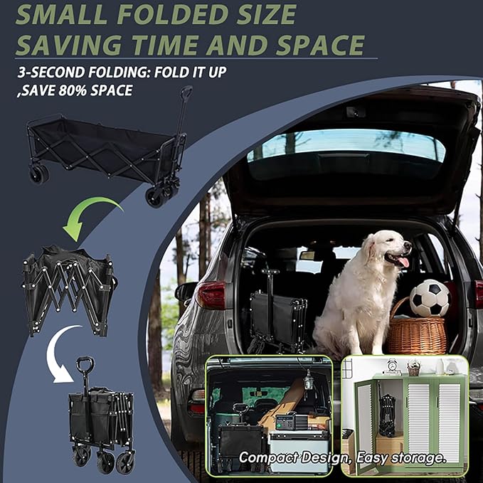 350L Large Capacity Foldable Wagon with Brakes, 560lbs Heavy Duty Collapsible Wagon Cart with Push Handle All-Terrain Big Wheels for Camping, Sports, Shopping, Beach
