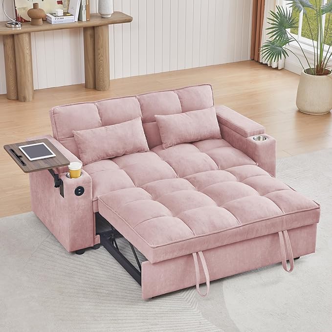 65'' 3-in-1 Folding Convertible Sofa Bed, Queen Size Pullout Sofa, Modern Chenille Fabric, 360° Swivel Side Table, Easy Assembly, Perfect for Living Room