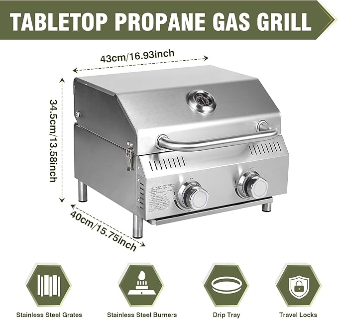 All-in-One Outdoor Grill Table with Built-in 2-Burner Propane Gas Grill – Portable Stainless Steel Cooking Station with Storage, Hooks & Lockable Wheels for Camping, Tailgating, Backyard BBQ
