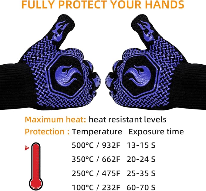 BBQ Fireproof Gloves, Grill Cut-Resistant Gloves 1472°F Heat Resistant Gloves, Non-Slip Silicone Oven Gloves, Kitchen Safe Cooking Gloves for Oven Mitts,Barbecue,Cooking, Frying,13.5 Inch-Blue