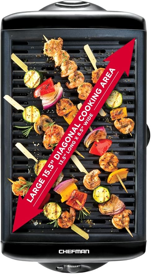 Chefman Electric Smokeless Indoor Grill w/ Non-Stick Cooking Surface & Adjustable Temperature Knob from Warm to Sear for Customized BBQing, Dishwasher Safe Removable Water Tray, Black