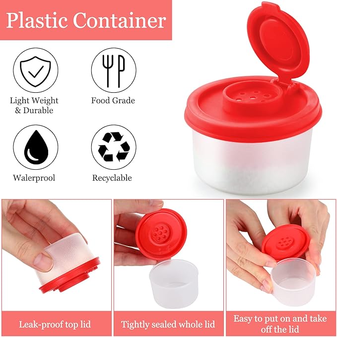 4 Pcs Salt and Pepper Shakers Set Mini Plastic Pepper Shaker with Lid Damp Proof Popcorn Containers Clear Spice Jars Salt Shaker for Travel Camping Picnic Lunch Dining Kitchen (Red, Small)