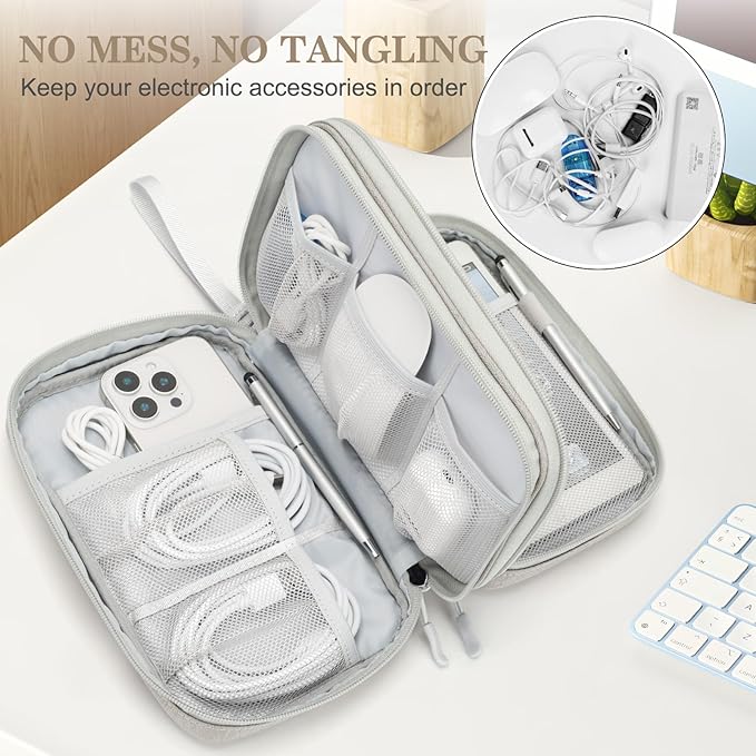 FYY Electronic Organizer, Large Travel Cable Organizer Bag Pouch Electronic Accessories Carry Case Portable Waterproof Double Layers All-in-One Storage Bag for Cable, Cord, Charger, Phone, Khaki