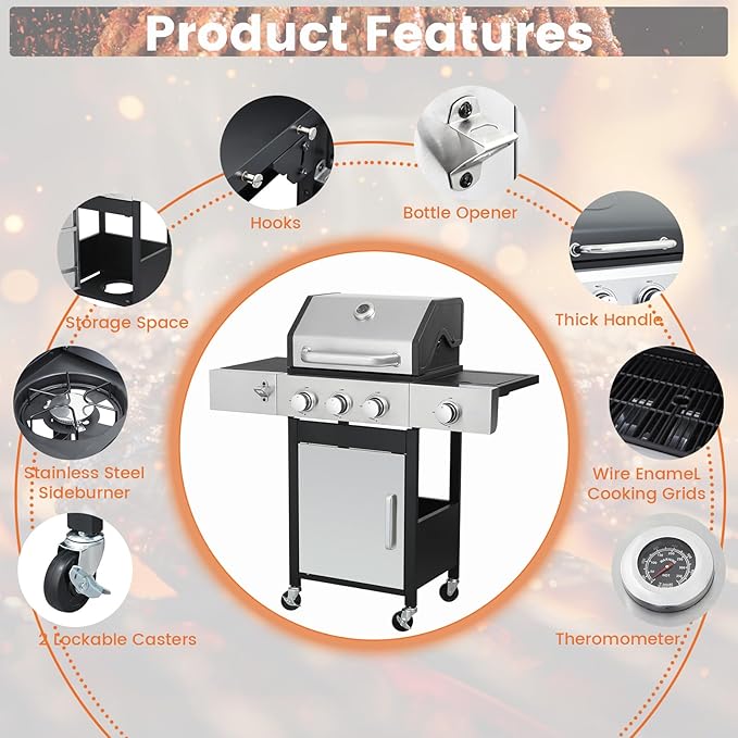 3-Burner BBQ Propane Gas Grill with Side Burner, 37230BTU Stainless Steel Barbecue Grill with Enameled Cast Iron Cooking Grids, For Camping Outdoor Cooking (Style4: 3+1 Burner)