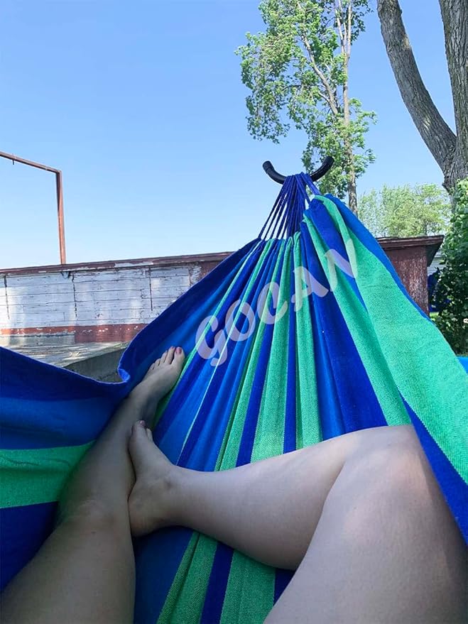 Brazilian Double Hammock 2 Person Extra Large 220x160cm Total Length 330cm Load 500lb Canvas Cotton Hammock for Patio Porch Garden Backyard Lounging Outdoor and Indoor(Blue/Green) XXL