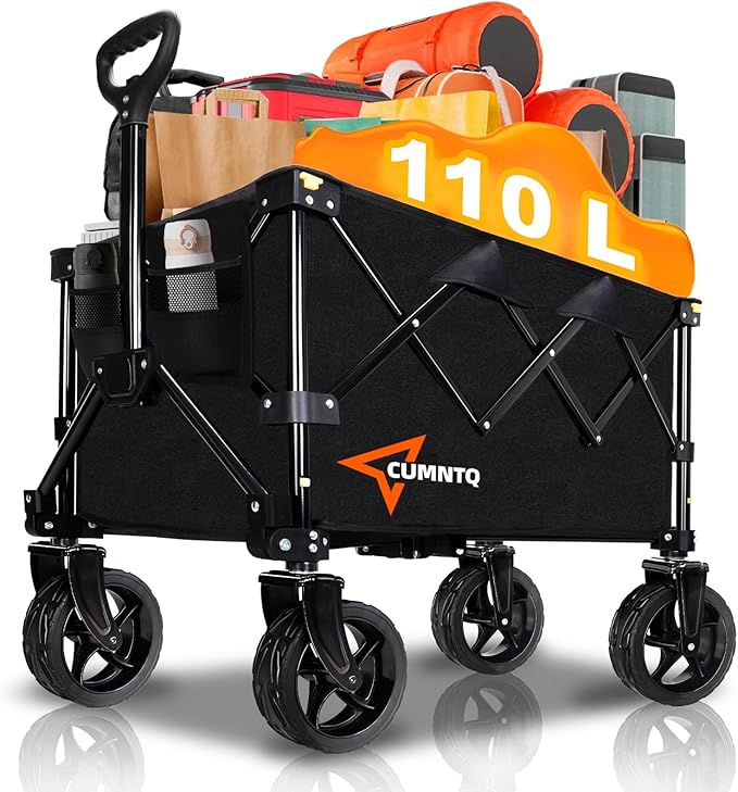 Collapsible Wagon Cart with Wheels, Heavy Duty Foldable Wagon Cart with 230lbs Weight Capacity, Utility Beach Wagons Portable for Outdoor, Grocery, Camping, Shopping, Black