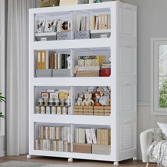 200GAL Extra Large Storage Bins with Lid, 800Qt Stackable Closet Organizers and Drawers, Collapsible Storage Bins with Wheels, Folding Storages Cabinet for Home Bedroom Office, 4Pack White