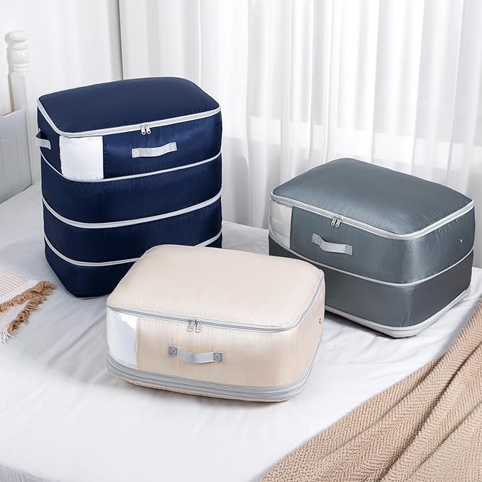 Comforter Storage Bag - 130L Large Capacity Blanket Storage Bags 4-Layer Ultra Space Saving Self Compression Organizer, Washable Compression Bags for Storage Comforter Blanket, 2-Pack, Grey