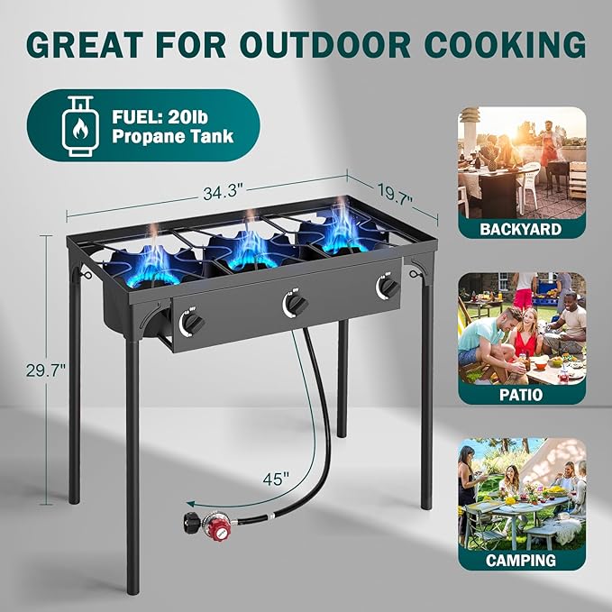 3 Burner Propane Gas Stove for Outdoor Cooking| 225,000 BTU High-Pressure Heavy-Duty Camping Stove with Regulator, Detachable Legs | Portable for Backyard Cooking, BBQ, Baking and Frying