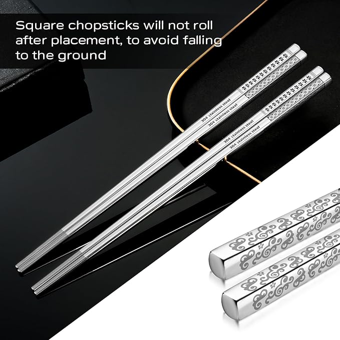 8 Pairs Metal Chopsticks Reusable 18/8 Stainless Steel Chopsticks Set Cute Laser Engraved Non-slip Japanese Korean Chinese Chopstick for Cooking Eating Dishwasher Safe 9.25" Chop Sticks Gift Set