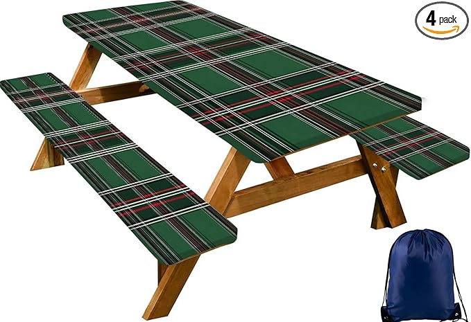 CAPSCEOLL Elastic Picnic Table Cover with Bench Covers 5Ft Waterproof Fitted Picnic Table Cover Cloths for Outdoors Camping Tablecloth with Drawstring Bag, 60X30in, Christmas Green Buffalo Plaid