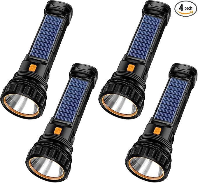 4pcs Solar/Rechargeable Multi Function 1000 Lumens LED Flashlight, with Emergency Strobe Light and 1200 Mah Battery, Emergency Power Supply and USB Charging Cable, Fast Charging (4PC)
