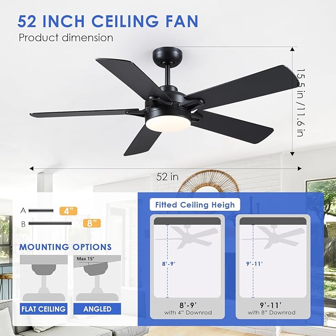 Ceiling Fans with Lights - 52 Inch Black Low Profile Ceiling Fan with Remote Control, 3CCT Dimmable Lighting, 6 Speeds Reversible, Modern Ceiling Fan Light for Indoor/Outdoor Use