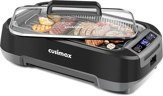CUSIMAX Smokeless Indoor Grill, 1500W Electric Grill Korean BBQ Grill with LED Smart Display & Tempered Glass Lid, Non-stick Removable Grill Plate, Turbo Smoke Extractor, Black New Model
