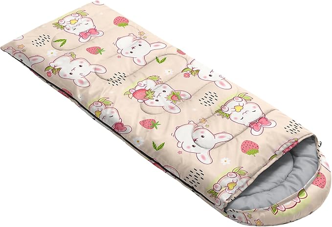 AILONEN Pink Lovely Rabbit Sleeping Bag for Girls Kids Adults,Warm and Cool Weather,Lightweight,Waterproof Backpacking,Cartoon Flowers Printed Bunny Sleeping Bag for Camping