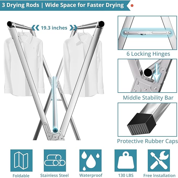 JAUREE 95 Inches Clothes Drying Rack, Drying Rack Clothing Folding Indoor Outdoor, Heavy Duty Stainless Steel Laundry Rack, Foldable Portable Large Clothes Rack Garment Rack with 20 Windproof Hooks