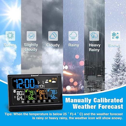 Geevon Weather Station Wireless Indoor Outdoor Thermometer 3 Sensors, Color Display Digital Temperature Humidity Monitor with Barometer, Calendar, USB Charge and Adjustable Backlight