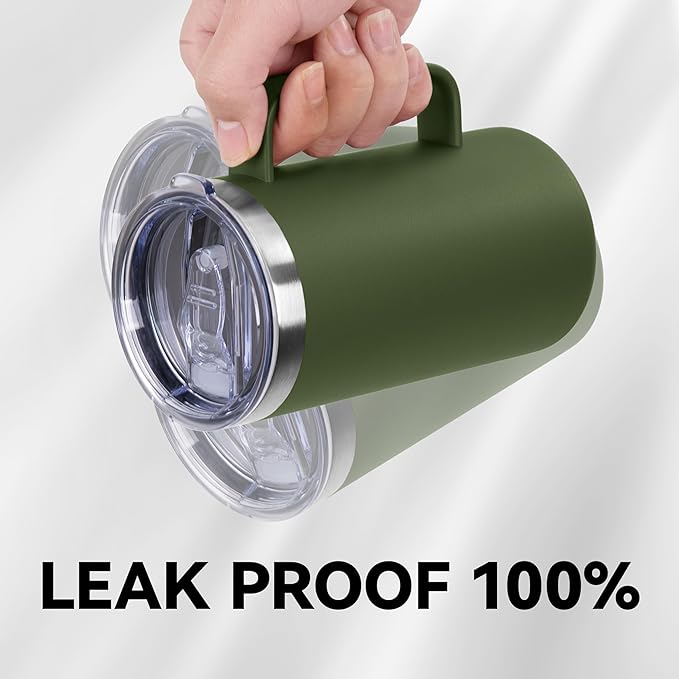 DOMICARE 24oz Mug with Handle and Lid, Stainless Steel Coffee Mug, Travel Mug with Handle, Double Wall Vacuum Coffee Tumbler, Reusable Insulated Cup, Army Green, Pack 8