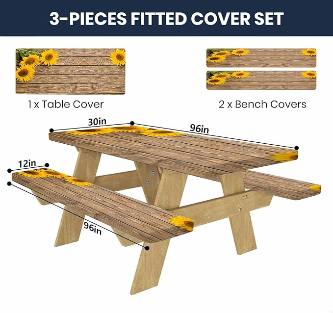 CAPSCEOLL Picnic Table Cover with Bench Covers 8Ft Waterproof Camping Tablecloth All-Weather Outdoor Table Protector with Drawstring Bag for Camping Essentials, 96X30In, Wooden Sunflowers