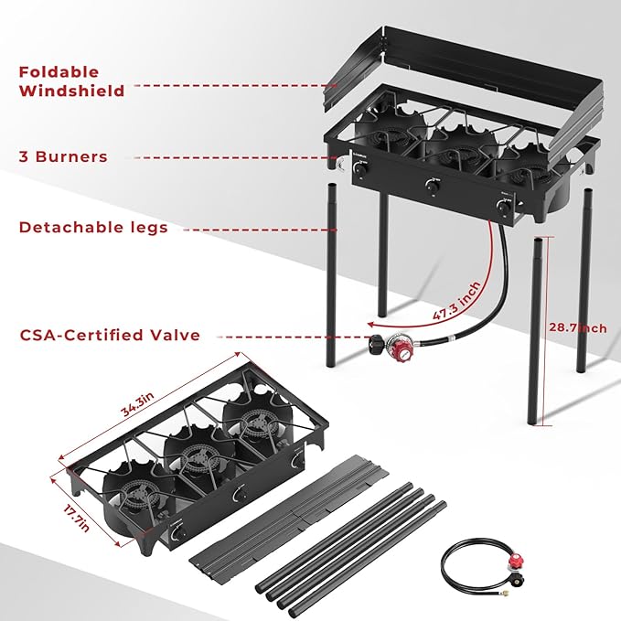 CAMPLUX 3 Burner Camping Stove for Outdoor Cooking, 225,000 BTU Propane Outdoor Stove with Detachable Stand Legs and Windshield, Propane Gas Stove with Adjustable High Pressure Regulator and Hose