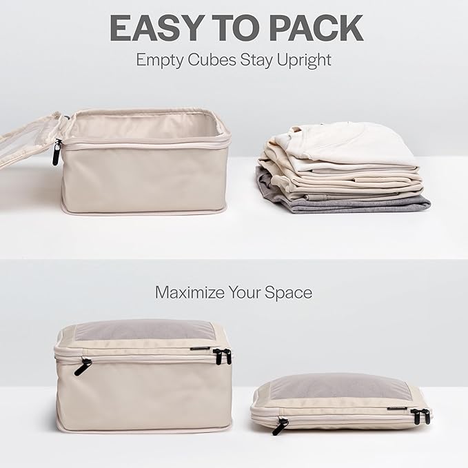 Compression Packing Cubes for Travel - Luggage Organizer Bags - Double Zipper Packing Cubes for Suitcases (2-Pack, Beige)