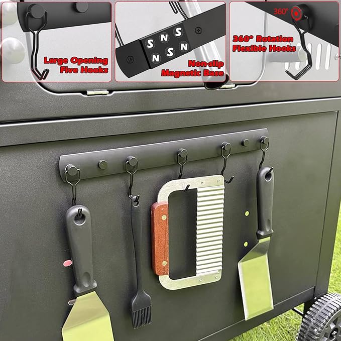 Smoker Grill Hooks,Magnetic Mount 5 Hooks for Hanging BBQ Utensils,Non-Slip Heavy Duty Magnetic Holder for Traeger Pellet Pit Boss Blackstone Grill Smoker