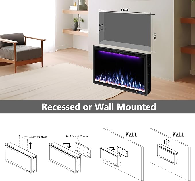 Benrocks 40'' WiFi- Enabled Electric Fireplace Inserts - Alexa & App Control, Slim Recessed & Wall Mounted, 13 * 13 * 3 Flame Color Combinations, 750W/1500W, Black