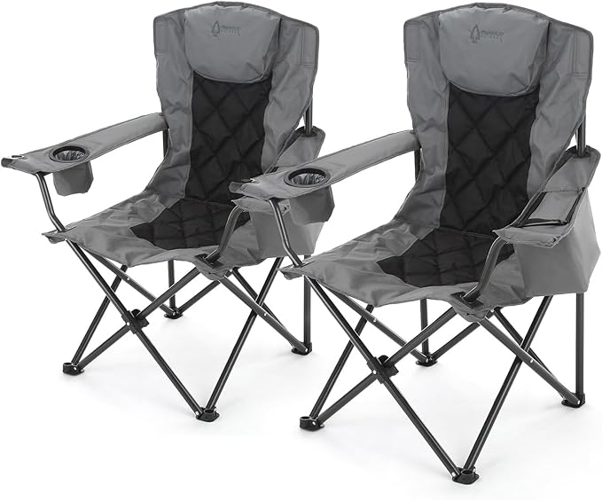 ARROWHEAD OUTDOOR 2-Pack Portable Folding Camping Quad Chair w/ 6-Can Cooler, Cup & Wine Glass Holders, Heavy-Duty Carrying Bag, Padded Armrests, Headrest & Seat, Supports up to 550lbs