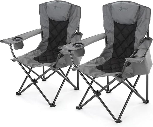 ARROWHEAD OUTDOOR 2-Pack Portable Folding Camping Quad Chair w/ 6-Can Cooler, Cup & Wine Glass Holders, Heavy-Duty Carrying Bag, Padded Armrests, Headrest & Seat, Supports up to 550lbs