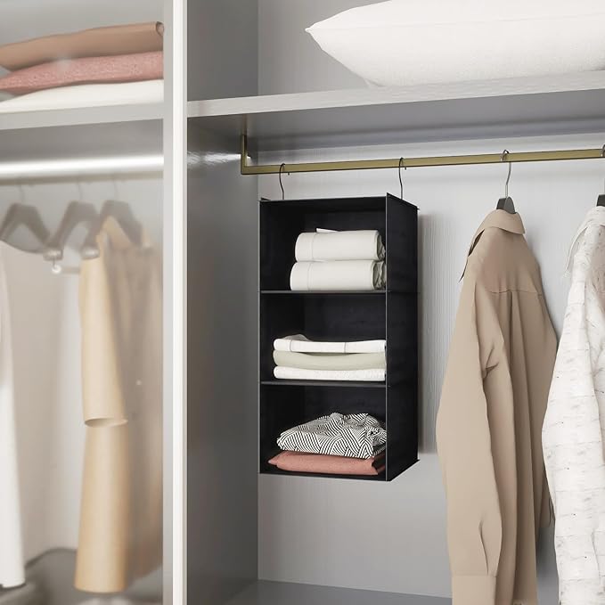 Hanging Closet Organizer - 3-Shelf, Easy Mount Foldable Wardrobe Storage Shelves for Clothes, Handbags, Shoes & Accessories - Washable Oxford Cloth Fabric, Black