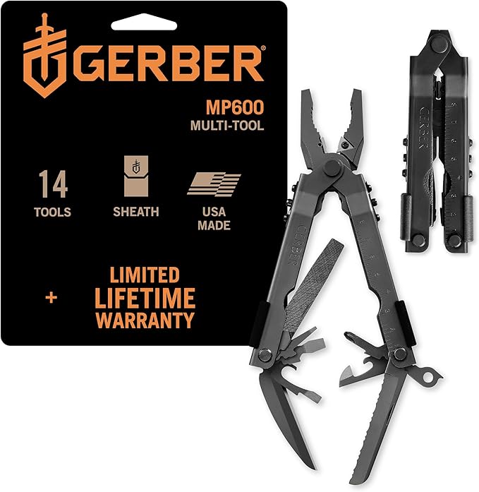 Gerber Gear Multi-Plier 600 Blunt Nose Multitool with 14 Tools - Includes Knife, Pliers, Nylon Sheath & More - Made in USA - Black Tool