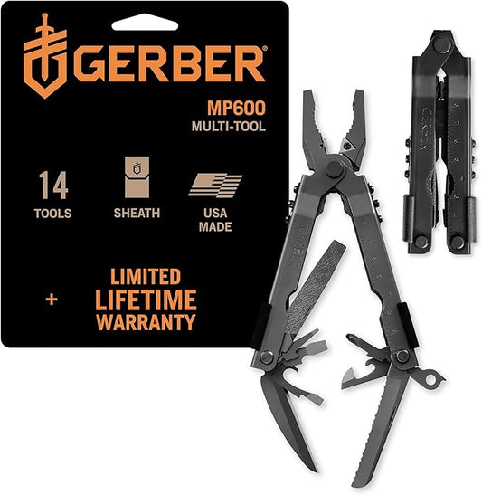 Gerber Gear Multi-Plier 600 Blunt Nose Multitool with 14 Tools - Includes Knife, Pliers, Nylon Sheath & More - Made in USA - Black Tool