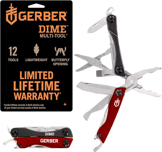 Gerber Gear Dime 12-in-1 Mini EDC Multitool - Needle Nose Pliers, Pocket Knife, Keychain, Bottle Opener - EDC Gear and Equipment, Gifts for Men - Red