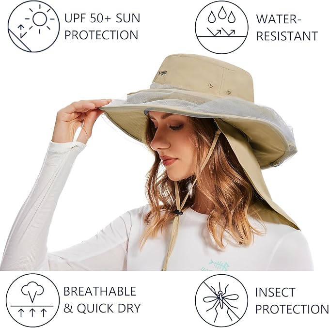 BASSDASH UPF 50+ Mosquito Net Hat with Stowable Neck Flap for Men Women Outdoor Fishing Hiking Camping Gardening FH17