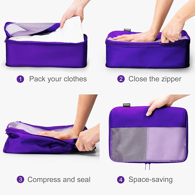 6 Set Compression Packing Cubes for Travel Essentials, Luggage Organizers for Suitcases (Lavender Purple)