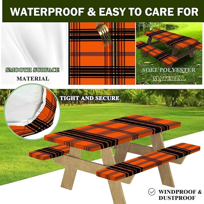 CAPSCEOLL Elastic Picnic Table Cover with Bench Covers 5Ft Waterproof Fitted Picnic Table Cover Cloths for Outdoors Camping Tablecloth with Drawstring Bag, 60X30in, Orange Plaid