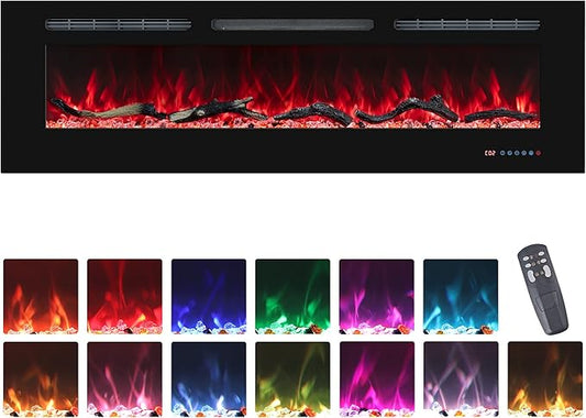 65 Inch Electric Fireplaces Inserts, Recessed & Wall-Mounted Fireplace Heater with Thermostat, Multicolor Flames,Timer, Log & Crystal, 750/1500W Black