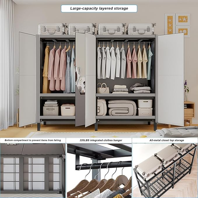 FPIGSHS Heavy Duty Clothes Rack with Magnetic Door 2000LBS Foldable Portable Wardrobe Closet for Hanging Clothing Rolling Garment Rack on Wheels for Bedroom Closet System (C(Pattern Door, 33.4in)