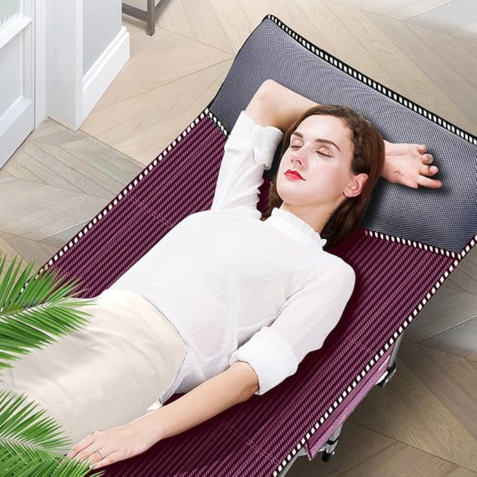 ABORON Folding Camping Cot W/Mat for Adults, Heavy Duty Outdoor Bed with Carry Bag,1200 D Layer Oxford Travel Camp Cots (1, Red Stripe with Blue Pad)