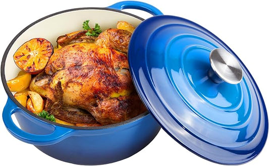 3 Quart Dutch Oven Enameled Cast Iron with Lid - Big Dual Handles - Oven Safe up to 500°F - Classic Round Pot for Versatile Cooking Blue