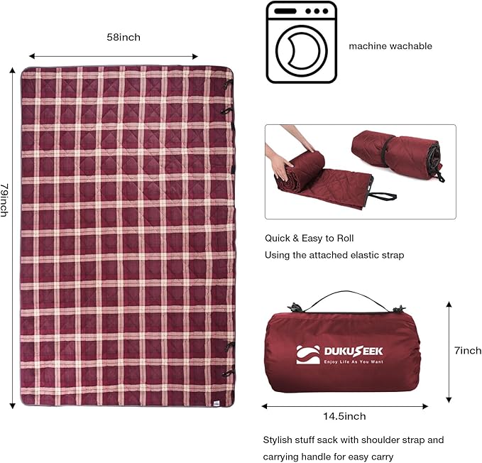DUKUSEEK Large Waterproof Camping Blanket, Cold Weather Warm Fleece Blankets Windproof Triple Layers for Stadium,Camping, Concerts, Car, Dog