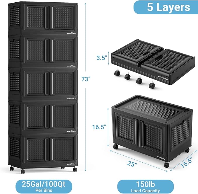 500Qt Stackable Storage Bins with Lids, 125Gal Closet Organizers and Storage Drawer, Plastic Collapsible Storage Bins with Doors, Heavy Duty Store Box Cabinet for Home Kitchen, 5Pack Black