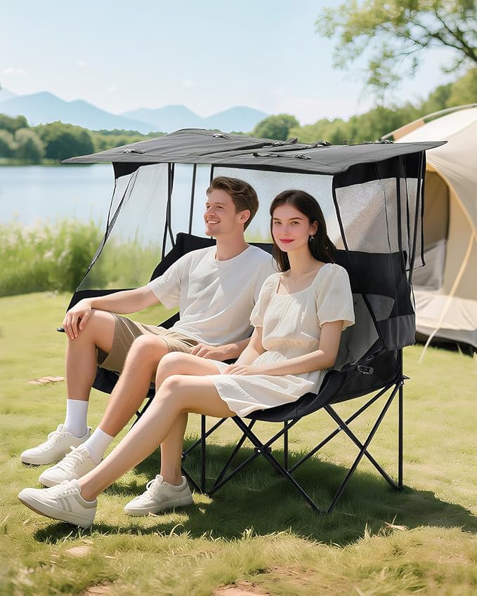 CLIPOP Double Camping Chair with Canopy, Portable Outdoor Folding Chair with Cup Holders, Side Pocket, Oversized Beach Chair with Canopy Shade for Lawn Patio Hiking, Black