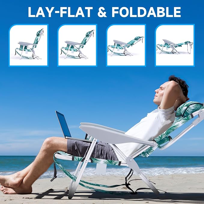 2 Pack Lightweight Portable Camping Beach Chair for Adults, Outdoor Lay Flat Folding Beach Chairs with 4 Positions, Backpack Beach Chair with Towel Bar, Cooler Pouch, Cup Holder, Green Leaves