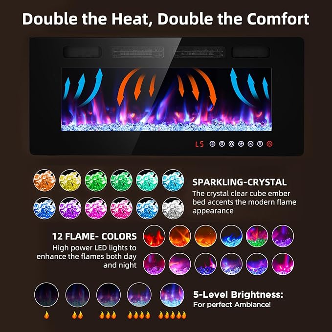 BREEZEHEAT 42 Inch Ultra Thin Electric Fireplace-Freestanding or Recessed Wall Mounted Fireplace Heater, Remote Control, Touch Screen, 750W/1500W, 8H Timer for Living Room, Bedroom, Office