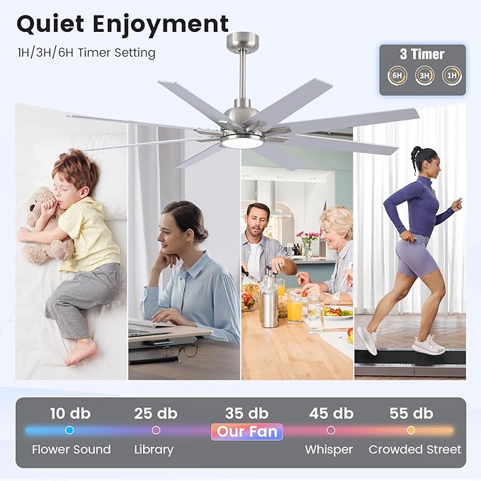 62 inch Brushed Nickel Ceiling Fan with Light & Remote, Indoor/Outdoor 8-Blade Fan, 6-Speed Silent Reversible DC Motor, 3CCT LED, Timer, 2 Downrods for Living Room/Patio
