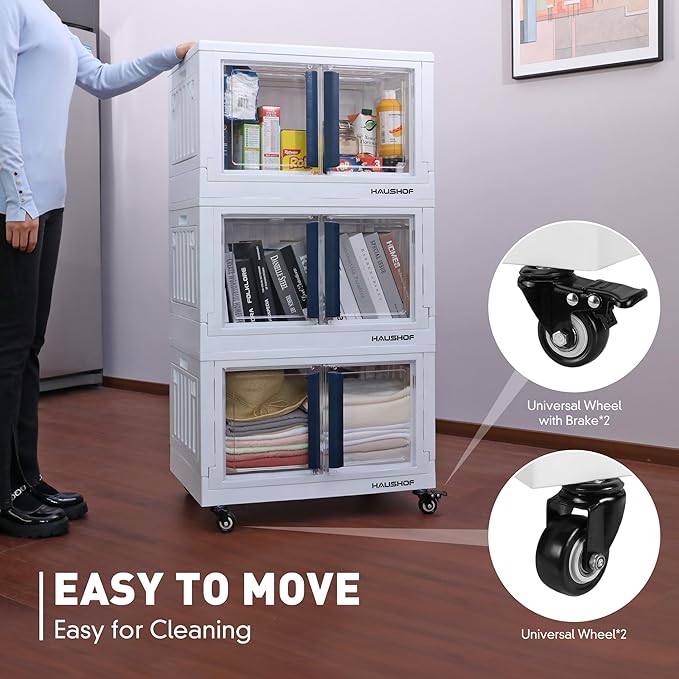 HAUSHOF Closet Organizers and Storage Bin, 3 Pack 22 Gal (88Qt) Plastic Stackable Storage Bins with Lids and Caster Wheel, Large Collapsible Folding Box, Blue and White